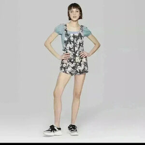 Wild Fable Womens V-Neck Floral Print Zip Front Denim Shortalls Dark Wash Size S